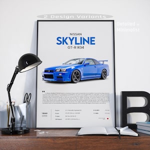 Nissan Skyline GT-R R34 Poster | Detailed & Minimal | JDM Sports Car Wall Art Print Home Decor