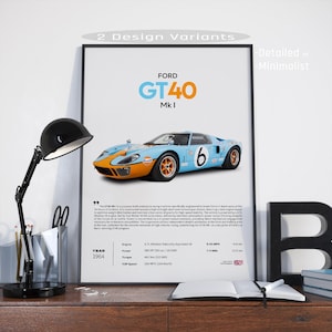 Może przedstawiać: Oprawiony plakat przedstawiający jasno-niebieski i pomarańczowy samochód wyścigowy Ford GT40 Mk I. Plakat zawiera tekst "FORD GT40 Mk I" oraz specyfikacje techniczne. Samochód ma numer 6 z boku.