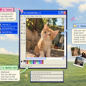 May include: A digital graphic template featuring a retro computer window interface with a central image of an orange and white kitten. The interface includes a top title bar reading My Favorite Boy <3, a toolbar, a color palette, and a bottom status bar.
