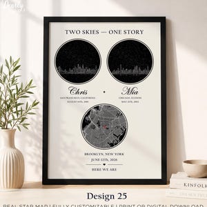 Könnte beinhalten: Ein gerahmtes vertikales Poster mit dem Titel TWO SKIES — ONE STORY, das zwei kreisförmige Sternenkarten von San Francisco und Chicago, die Namen Chris und Mia sowie einen kreisförmigen Stadtplan von Brooklyn, New York, vom 12. Juni 2026 zeigt, beschriftet mit HERE WE ARE.