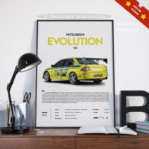May include: A framed poster featuring a yellow Mitsubishi Evolution VII car. The poster includes technical specifications and the text "EVOLUTION VII" in yellow. The poster is displayed on a desk with a black lamp and open book.