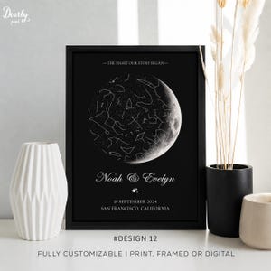 May include: A black framed print featuring a white celestial star map and a crescent moon. The text reads THE NIGHT OUR STORY BEGAN, Noah & Evelyn, 18 SEPTEMBER 2024, and SAN FRANCISCO, CALIFORNIA, with small star icons below the names.