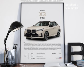 BMW X3 M50 autoposter - gedetailleerd en minimaal - SUV moderne sportwagen Wall Art Print Decor