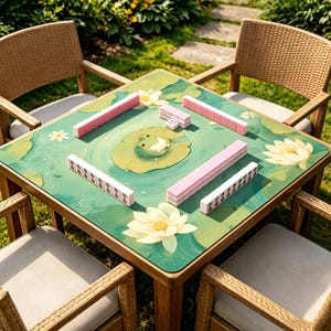 Puede incluir: Una mesa de mahjong cuadrada de madera con una superficie verde con un dise&ntilde;o de nen&uacute;far y flores de loto blancas. Las fichas de mahjong rosas y blancas est&aacute;n dispuestas sobre la mesa. Cuatro sillas de mimbre rodean la mesa, sobre un c&eacute;sped.