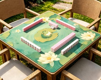 Cute Frog Mahjong Mat, Lotus Pond Game Table Mat, Non Slip Mahjong Table Cover, Cozy Nature Board Game Mat