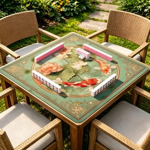 May include: A square mahjong table featuring a green surface with a printed design of orange koi fish and pink lotus flowers. Four rows of white and pink mahjong tiles are arranged in a square formation on the table, with one small stack of tiles.