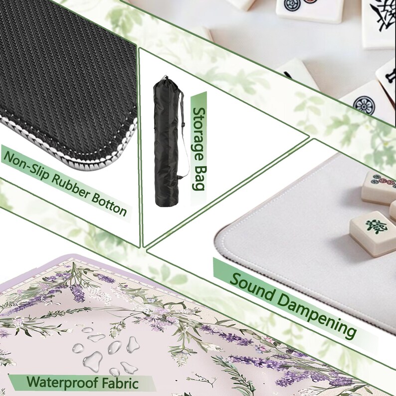 Puede incluir: Tapete de juego de Mahjong con tem&aacute;tica de lavanda y dise&ntilde;o floral. Incluye base de goma antideslizante, tejido impermeable y amortiguaci&oacute;n de sonido. Incluye bolsa de almacenamiento.