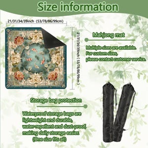 K&ouml;nnte beinhalten: Quadratische Mahjong-Matte mit Blumen- und Koi-Fisch-Design, erh&auml;ltlich in verschiedenen Gr&ouml;&szlig;en von 53 bis 99 cm (21 bis 39 Zoll). Inklusive wasserdichter Aufbewahrungstaschen. Der Text auf dem Bild lautet "Mahjong-Matte" und "Size information."