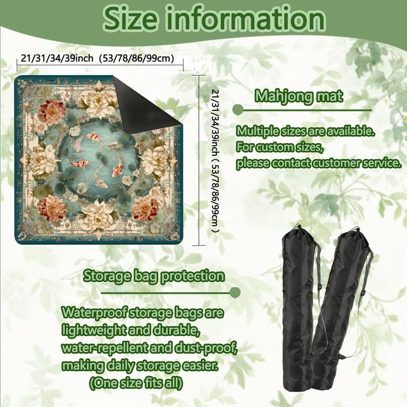 K&ouml;nnte beinhalten: Quadratische Mahjong-Matte mit Blumen- und Koi-Fisch-Design, erh&auml;ltlich in verschiedenen Gr&ouml;&szlig;en von 53 bis 99 cm (21 bis 39 Zoll). Inklusive wasserdichter Aufbewahrungstaschen. Der Text auf dem Bild lautet "Mahjong-Matte" und "Size information."