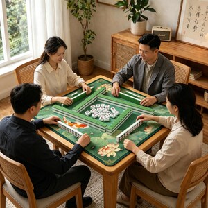 May include: A group of four people playing Mahjong around a square wooden table. The game features green tiles and a green mat with floral and koi fish designs. The table is surrounded by wooden chairs.