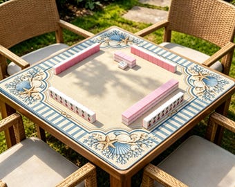 Coastal seashell mahjong mat, blue striped beach game mat, nautical mahjong tablecloth, ocean seashell chessboard game mat.