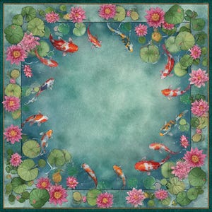 May include: A square, watercolor-style design featuring a pond scene with koi fish, lily pads, and pink lotus flowers. The border is a dark green, framing the central pond with its turquoise water and the colorful fish.