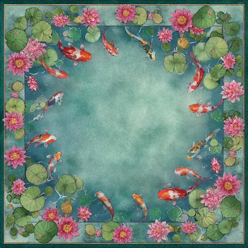May include: A square, watercolor-style design featuring a pond scene with koi fish, lily pads, and pink lotus flowers. The border is a dark green, framing the central pond with its turquoise water and the colorful fish.