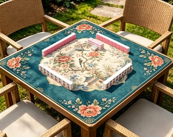 Tapete de Mahjong Chinoiserie com Estampa de Pássaros, Tapete de Mesa Floral Azul-petróleo, Tapete Antiderrapante para Jogos de Mahjong com Tema de Jardim Oriental