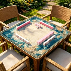 May include: A square wooden table with a teal and beige patterned top, surrounded by four wicker chairs. Pink and white Mahjong tiles are arranged on the table, ready for play. The table is set outdoors on a grassy lawn.