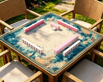 Coastal Wave Mahjong Mat, Seashell Coral Game Mat, Ocean Blue Non Slip Table Cover, Elegant Beach House Mahjong Gift