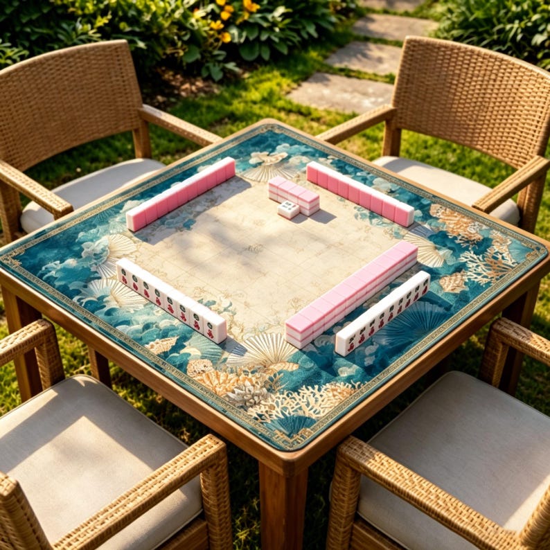 May include: A square wooden table with a teal and beige patterned top, surrounded by four wicker chairs. Pink and white Mahjong tiles are arranged on the table, ready for play. The table is set outdoors on a grassy lawn.