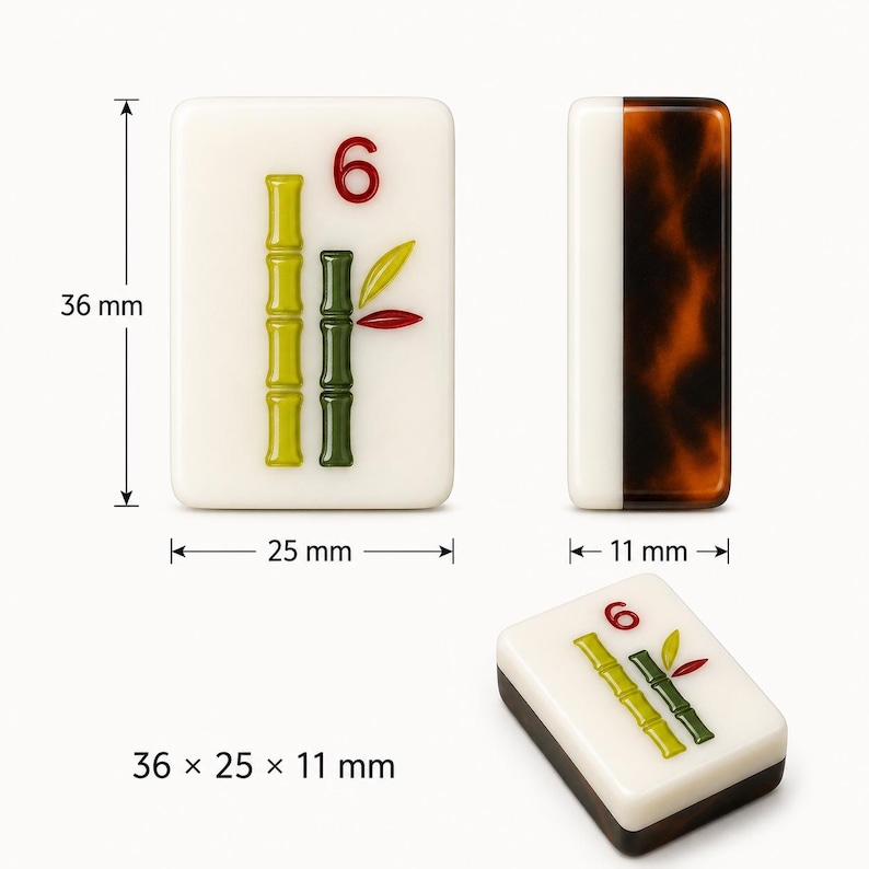 May include: Three mahjong tiles with a white face and dark brown back. The face features a red number 6 and green bamboo stalks. Dimensions are 36 mm by 25 mm by 11 mm. One tile is shown from the front, one from the side, and one at an angle.
