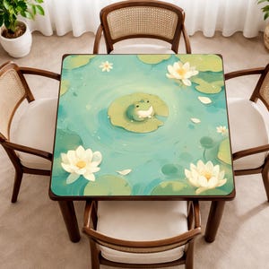 Puede incluir: Mesa cuadrada de madera con un dise&ntilde;o de rana y nen&uacute;far, rodeada de cuatro sillas. La mesa presenta un fondo turquesa con flores de loto blancas y una rana de dibujos animados. Las sillas tienen respaldos tejidos y cojines blancos.