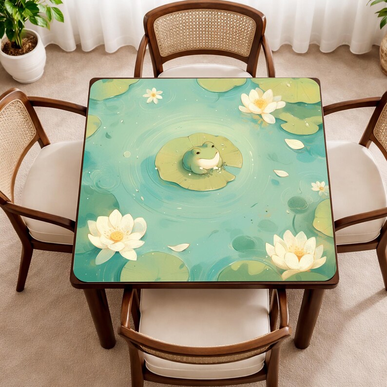 Puede incluir: Mesa cuadrada de madera con un dise&ntilde;o de rana y nen&uacute;far, rodeada de cuatro sillas. La mesa presenta un fondo turquesa con flores de loto blancas y una rana de dibujos animados. Las sillas tienen respaldos tejidos y cojines blancos.