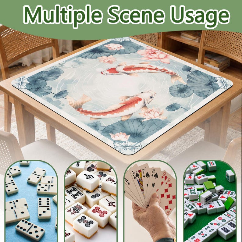 May include: A square table cover featuring a koi fish design with lotus flowers and lily pads. The image also shows dominoes, mahjong tiles, playing cards, and other game pieces, with the text "Multiple Scene Usage".