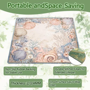 May include: A square desk mat featuring a light-colored coastal print with various seashells, coral, and aquatic flora. The mat includes text stating Portable and Space-Saving, Non-Slip Rubber Backing, Durable Stitched Edges, and Thickness: 2/3/4MM.