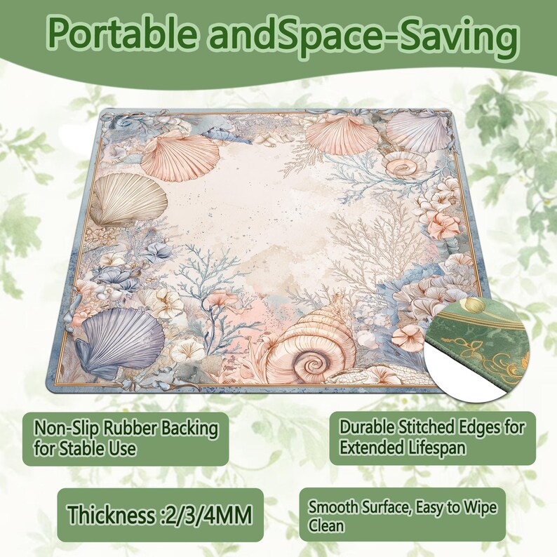 May include: A square desk mat featuring a light-colored coastal print with various seashells, coral, and aquatic flora. The mat includes text stating Portable and Space-Saving, Non-Slip Rubber Backing, Durable Stitched Edges, and Thickness: 2/3/4MM.