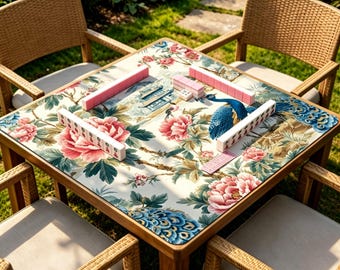 Tapete de Mahjong Peacock Peony, tapete de mesa floral estilo chinoiserie, tapete de juego oriental antideslizante para Mahjong.