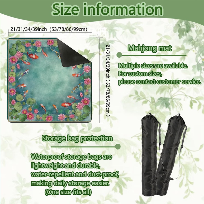 May include: A rectangular mahjong mat with a koi pond design, featuring orange and white fish, pink lotus flowers, and green lily pads. The mat is available in multiple sizes, including 21, 31, 34, and 39 inches. Includes black storage bags.