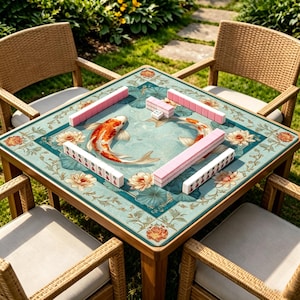 May include: A square wooden mahjong table with a teal and floral design, featuring koi carp. The table is surrounded by four wicker chairs with beige cushions, set on a grassy lawn. Pink and white mahjong tiles are arranged on the table.