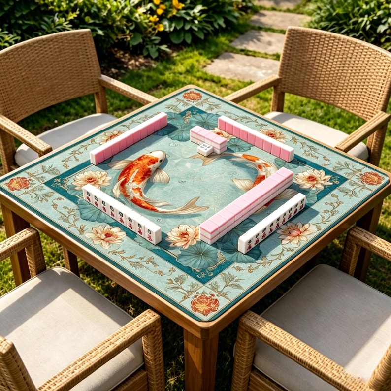 May include: A square wooden mahjong table with a teal and floral design, featuring koi carp. The table is surrounded by four wicker chairs with beige cushions, set on a grassy lawn. Pink and white mahjong tiles are arranged on the table.