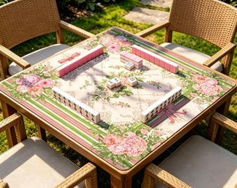 Tapete de Mahjong Floral com Laço Rosa, Tapete de Mesa para Jardim Cottagecore, Tapete Antiderrapante Coquette para Jogos de Mahjong