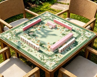 Sage Green Floral Mahjong Mat, Peach Blossom Game Mat, Vintage Botanical Mahjong Table Mat, Elegant Garden Board Game Mat, Mahjong Gift
