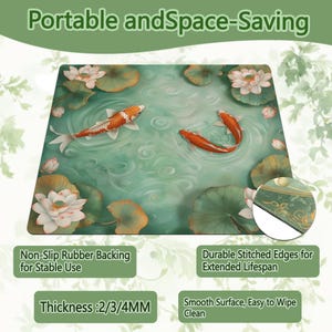 May include: A rectangular mat featuring a pond scene with koi fish, lily pads, and lotus flowers. The mat has a non-slip rubber backing and durable stitched edges. The text "Portable and Space-Saving" is at the top. The thickness is 2/3/4MM.