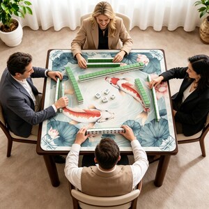 May include: A square wooden Mahjong table with a floral and koi fish design. Four people are seated around the table, playing the game with green tiles and white dice. The table is set in a well-lit room.