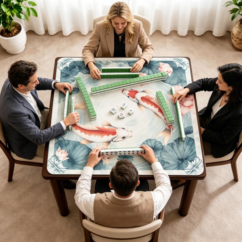 May include: A square wooden Mahjong table with a floral and koi fish design. Four people are seated around the table, playing the game with green tiles and white dice. The table is set in a well-lit room.