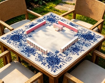 Blue Floral Mahjong Mat, Chinoiserie Border Table Mat, Non Slip Porcelain Style Game Mat