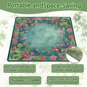 May include: A rectangular mat with a serene aquatic design featuring koi fish, lily pads, and pink lotus flowers. The mat has a green border and the text "Portable and Space-Saving". It has a non-slip rubber backing and stitched edges.