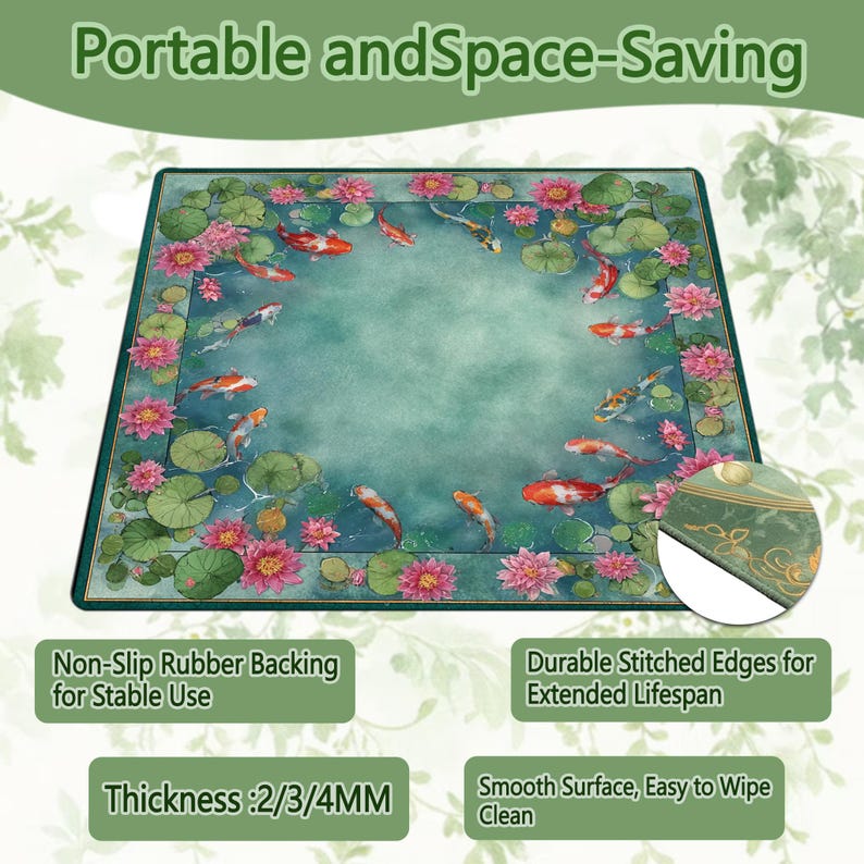 May include: A rectangular mat with a serene aquatic design featuring koi fish, lily pads, and pink lotus flowers. The mat has a green border and the text "Portable and Space-Saving". It has a non-slip rubber backing and stitched edges.