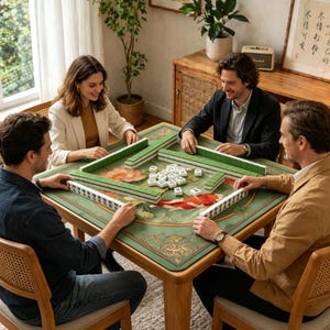 May include: A square wooden mahjong table with a green felt surface featuring a koi fish and lotus flower design. The table is set with white and green mahjong tiles arranged in rows and a central pile, surrounded by four wooden chairs with cane backs.