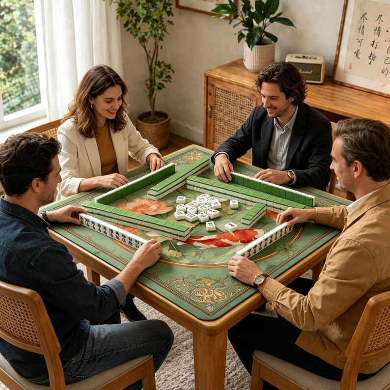 May include: A square wooden mahjong table with a green felt surface featuring a koi fish and lotus flower design. The table is set with white and green mahjong tiles arranged in rows and a central pile, surrounded by four wooden chairs with cane backs.