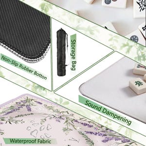 May include: A lavender-themed Mahjong mat with a floral design, featuring a non-slip rubber bottom, waterproof fabric, and sound dampening. Includes a storage bag. The image also shows Mahjong tiles.