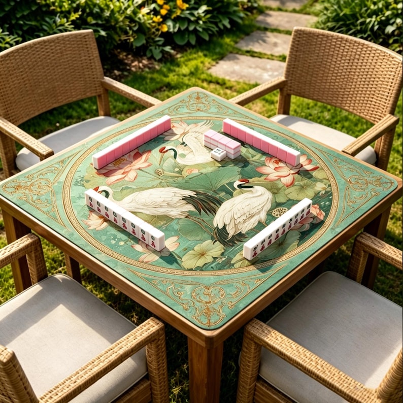 May include: A square wooden table with four wicker chairs, featuring a green mat with a crane and lotus flower print. Four rows of pink and white mahjong tiles are arranged on the surface, with one small white die placed near the center.