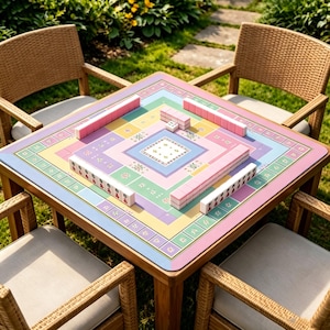 Puede incluir: Un juego de Mahjong de colores pastel sobre una mesa de madera, rodeado de cuatro sillas de mimbre. El tablero presenta un diseño cuadrado con secciones rosas, amarillas, verdes y azules. Las fichas rosas están dispuestas en el tablero, listas para jugar.