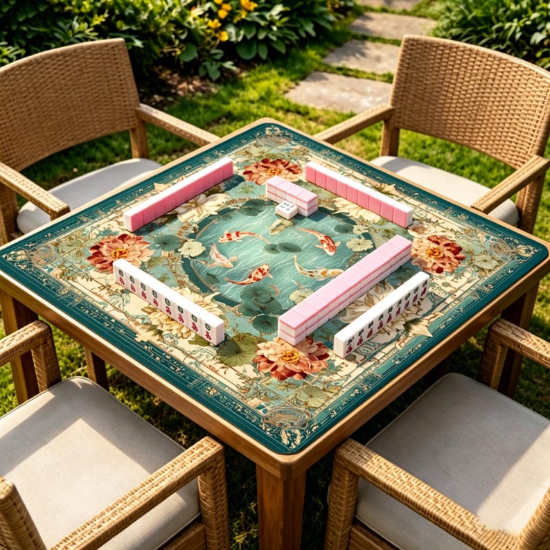 K&ouml;nnte beinhalten: Ein quadratischer Mahjong-Tisch aus Holz mit floralem Design und Koi-Teich-Motiv. Der Tisch ist von vier Korbst&uuml;hlen umgeben. Rosa und wei&szlig;e Mahjong-Steine sind auf dem Tisch angeordnet. Die Tischoberfl&auml;che hat einen t&uuml;rkisfarbenen Rand.