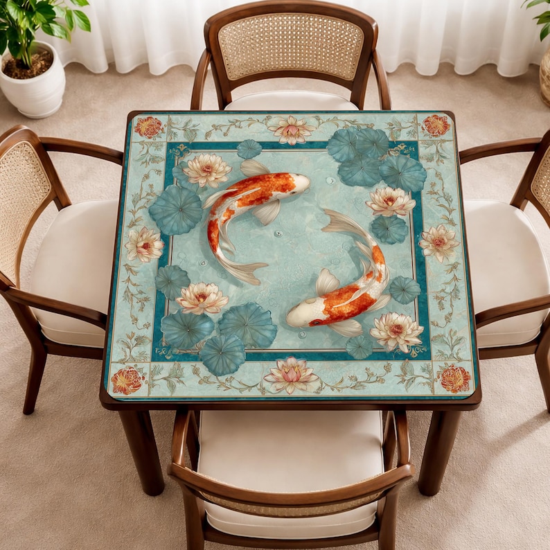 May include: Square wooden dining table featuring a koi carp and lotus flower design. The table has a light blue background with orange and white koi carp, surrounded by blue lily pads and pink lotus flowers. Four wooden chairs surround the table.