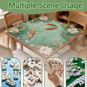 May include: A square table with a decorative top featuring a koi pond design with lotus flowers and fish. The image also shows dominoes, mahjong tiles, playing cards, and other game pieces. The text "Multiple Scene Usage" is at the top.