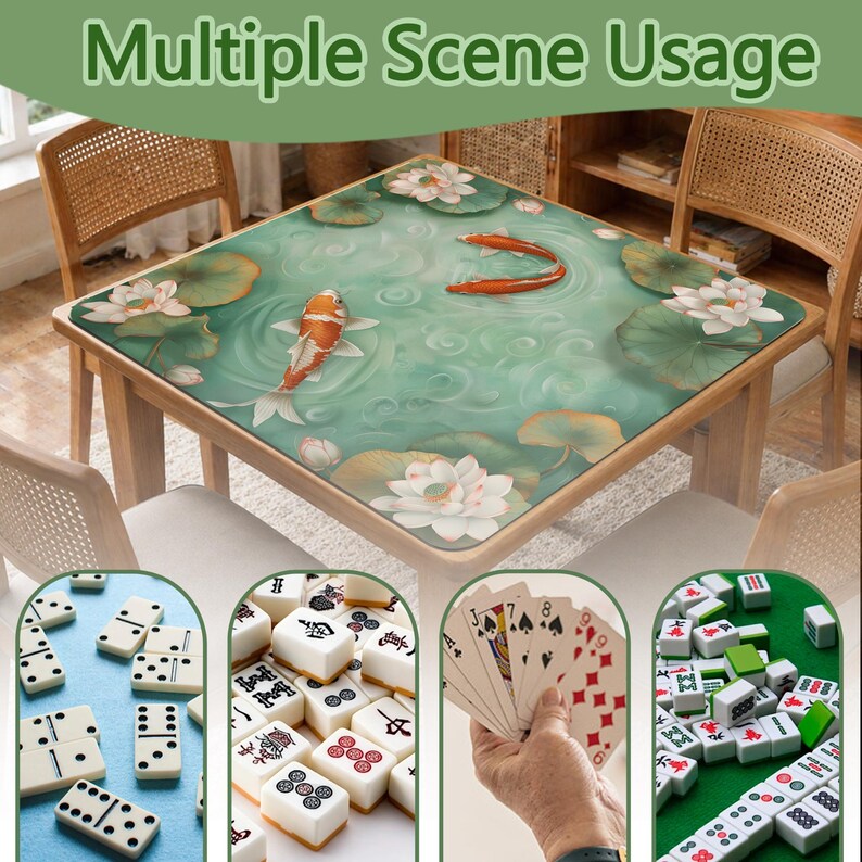 May include: A square table with a decorative top featuring a koi pond design with lotus flowers and fish. The image also shows dominoes, mahjong tiles, playing cards, and other game pieces. The text "Multiple Scene Usage" is at the top.