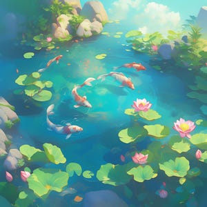 May include: An idyllic illustration of a koi pond with turquoise water. Several orange and white koi carp swim amongst lily pads and blooming pink lotus flowers. Large rocks and lush greenery frame the pond, under a bright blue sky with fluffy clouds.