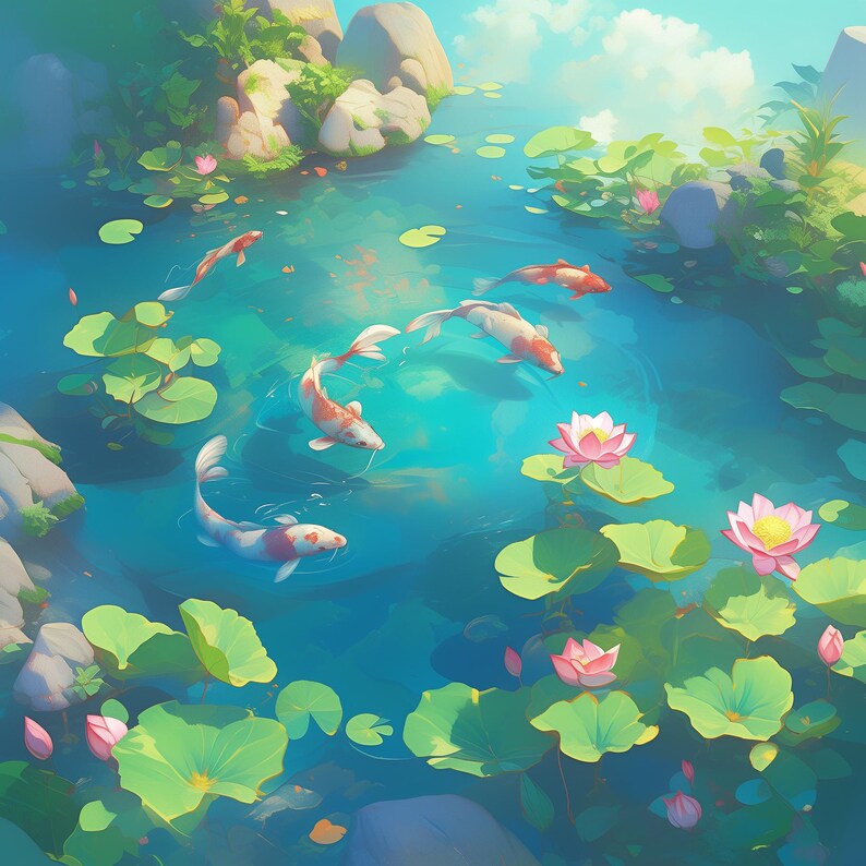 May include: An idyllic illustration of a koi pond with turquoise water. Several orange and white koi carp swim amongst lily pads and blooming pink lotus flowers. Large rocks and lush greenery frame the pond, under a bright blue sky with fluffy clouds.